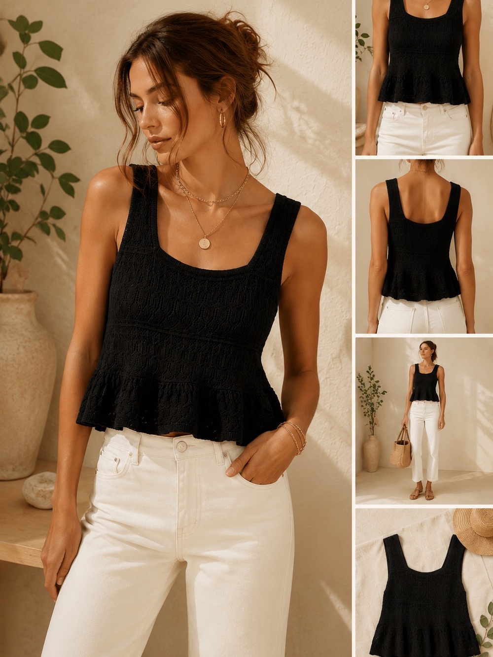 House of Harlow 1960 Black Crochet Peplum Tank